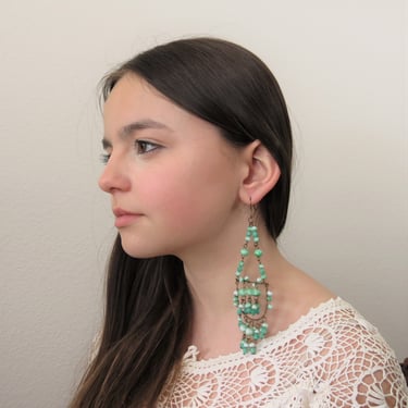 Vintage chandelier earrings, 1970s, boho, green glass, statement jewelry 