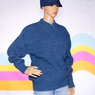 Vintage 1980s L.L. Bean Blue Henley Sweater | Medium / Large 