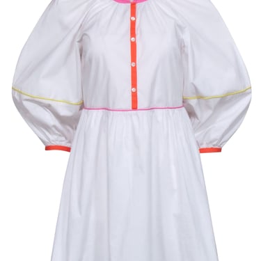 Staud - White Long Sleeve Babydoll Mini Dress w/ Colorful Trim Sz S