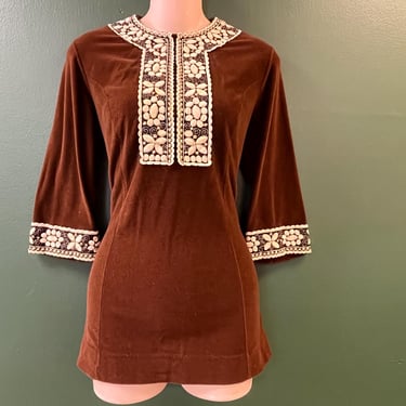 1970s velour tunic brown bell sleeve embroidered blouse medium / large 