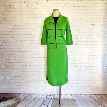 Mod Skirt Suit • 1960s • Bright Green / Navy Blue • Wool Knit Secretary • Bolero Jacket • Pencil Skirt • Italian Pavilion • Fall / Winter 