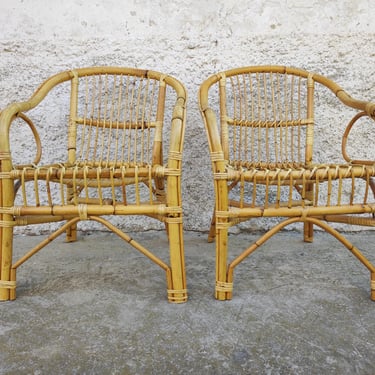 Vintage Pair of Rattan Chairs/ Wicker Chairs/ Boho Style / Pair of Bamboo Chairs/ Patio Furniture / 80s/ Vintage Furniture / Rattan Armchair 