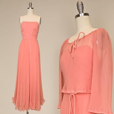 1970s Miss Elliette Gown / Pleated Chiffon Gown / Vintage Gown / Coral Chiffon Gown / Size Small  XS 