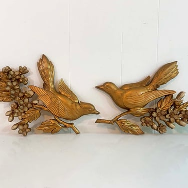 Vintage Syroco Dogwood Plastic Wall Hanging Birds Pair Set of 2 Gold 1960s 1967 Turner Dart Boho Retro Decor Plaque Bird Flower Floral MCM 