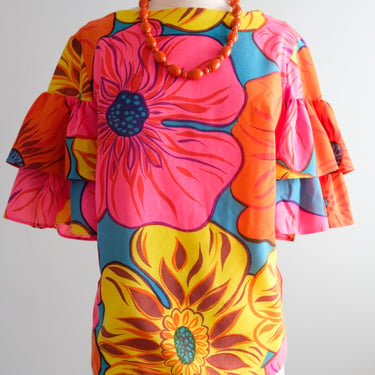 Psychedelic 1960’s Hawaiian Cotton Floral Printed Shirt / Sz M
