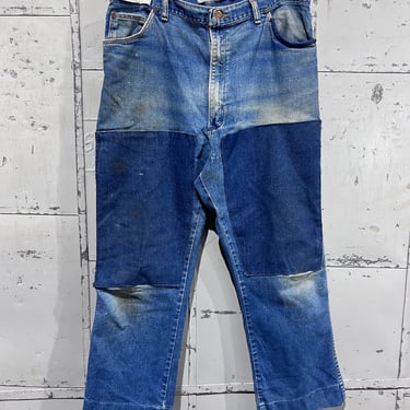 38 waist 70s patched costume wrangler jeans straight leg Fit Classic Brand 1970s Fashion Made in USA Streetwear Pants 38  Waist distressed 