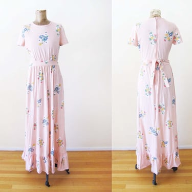 Vintage 70s Wildflower Baby Pink Floor Length Maxi Dress - Romantic Kawaii 