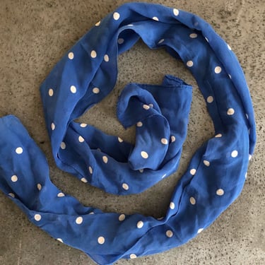 silk chiffon scarf / vintage blue cornflower polka dot 100% silk chiffon oblong neck hair scarf 
