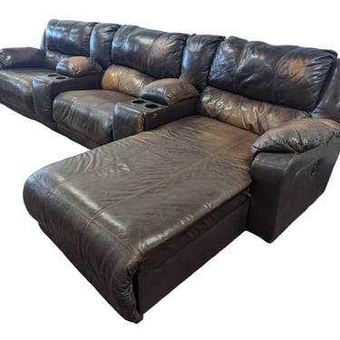 Brown Leather L-Shaped Recliner Sectional