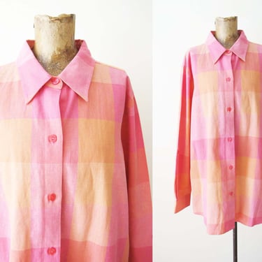 Vintage 90s Pink Orange Linen Plaid Long Sleeve Shirt XL - 1990s Oversized Collared Button Up Top - Colorful Madras Plaid - Minimalist 
