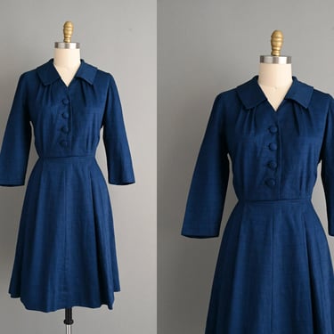 vintage 1950s Blue Cotton Linen Dress - Size Large XL 