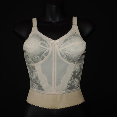 vintage long line bra nude lace bullet bra 60s merry widow shape wear burlesque pin-up 36B 