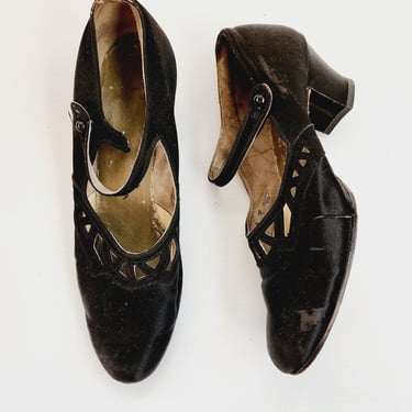 1920s Black Satin Shoes Mary Janes Evening Party Flapper Size 6 