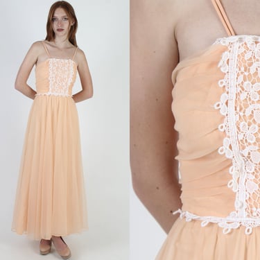 Vintage Peach Chiffon Maxi Dress / Full See Through Lightweight Skirt / 70s Simple One Color Bridesmaids Dress 