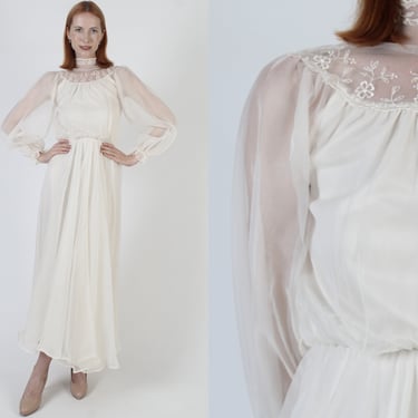 Romantic Chiffon Wedding Dress, Minimal Floral Lace Sheer Sleeves, Classic Vintage 70s Long Bridal Maxi Gown 