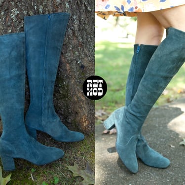 US Size 8.5 - Vintage 60s 70s Dusty Blue Half-Knee Black Suede Dream Boots 