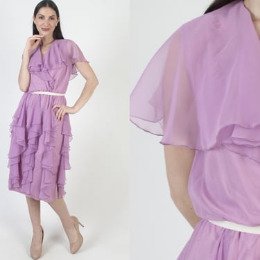 Purple Chiffon Dress, Disco Dancing Midi, Vintage 70s Tiered Skirt, Cocktail Party Host 
