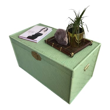 Vintage DIXIE Faux Bamboo & Rattan Jadeite Green Storage Chest Chinoiserie End of Bed Trunk Brass Hardware Caster Wheels 