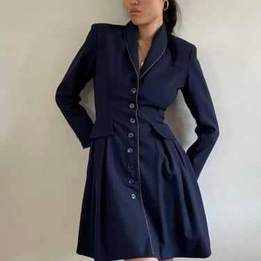 90s French fitted blazer / vintage navy blue wool gabardine nipped waist designer Myrene de Premonville long line blazer dress | Medium 