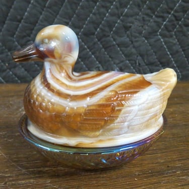 Imperial Glass Caramel Slag Duck Hen On Nest Candy Dish Or Trinket Dish Figurine 