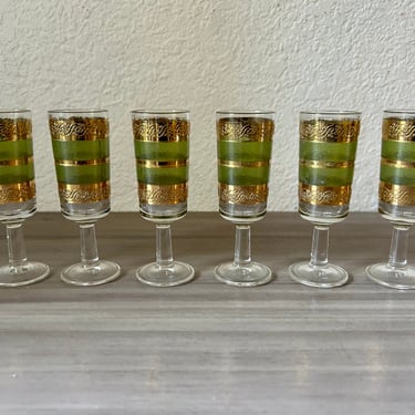 Vintage Culver Starlyte Green Glass & 22k Gold Gilded Stemmed Glasses - Set of 6 cordial glasses 