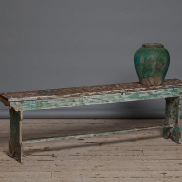 Primitive Flat Top Teak Bench with Traces of Old Green and Blue Paint