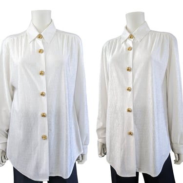 Vintage White Plisse Button Blouse, Medium Large / 90s Loose Fit Long Sleeve Cocktail Blouse with Chunky Gold Buttons 