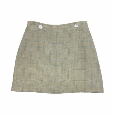 90s vintage check mini skirt in beige and white with wrap over front and button closure - Small / Medium, UK 12, Waist 29