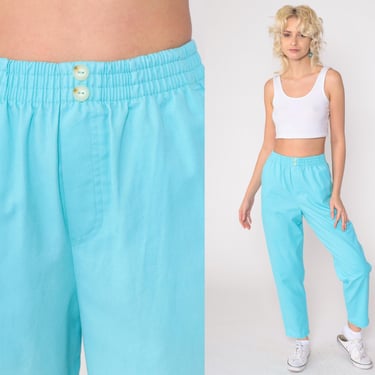 Vintage Bright Blue Pants 80s Pull On Trousers Tapered Leg Elastic Waist Lounge Pants Retro Vintage 1980s Simple Pants Normcore Petite Small 