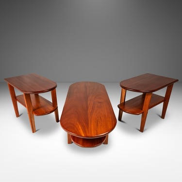 Set of Three (3) Art Deco Mid-Century Modern Coffee & End Table Set Custom-Made in Solid Mahogany, USA, c. 1940s 