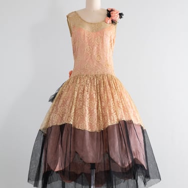 Exquisite 1920's Robe de Style Flapper Dress In Salmon Pink &amp; Black / XS