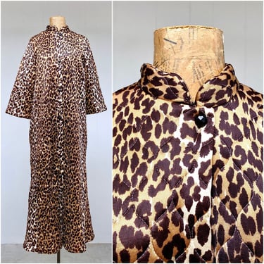 Vintage 1960s Glam Quilted Leopard Spot Robe, 60s Nylon Maxi Length Animal Print Pin-Up Dressing Gown, Medium 