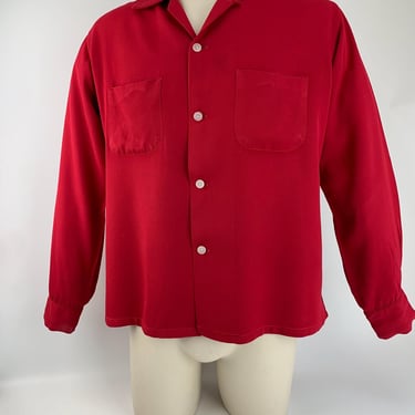 1950's Gabardine Shirt - Vivid Red Rayon - PENNEY'S TOP FLIGHT Label  - Patch pockets - Loop Collar - Men's Size Medium 