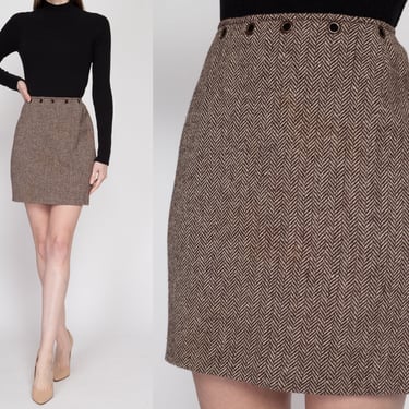 XS 60s Herringbone Wool Grommet Waist Mini Skirt 25