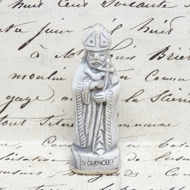Antique French Statue of St. Guenole, Vintage Pocket Saint, Religious Feve, Miniature Icon Santon Santos Shrine 