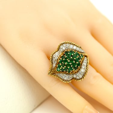 18K Yellow Gold Cocktail Ring Size 4.5, 38 Diamonds, 23 Natural Emeralds, 1950s