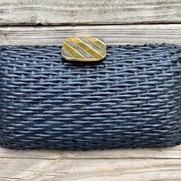 vintage navy wicker purse 1980s woven handbag clutch 