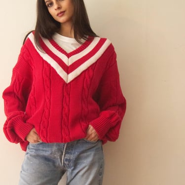 1990s Oversize Red Cotton Tennis Sweater 