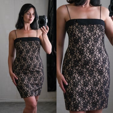 Vintage Black Lace Overlay & Cream Satin Cocktail Hourglass Mini Dress w/ Tuxedo Style Hemline | Talbots NWT | Deadstock Designer Gown 