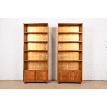 Henredon Mid-Century Modern Campaign Oak Bookcase Cabinets, Pair