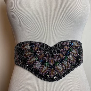 Vintage sparkly beaded dress belt~ open size cinched waist~ butterfly shape~ lavender purple green multi colorful Sm med Lg xlg 