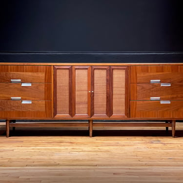 American of Martinsville Nine Drawer Walnut and Cane Lowboy Dresser Credenza Sideboard by Merton Gershun - Mid Century Modern Furniture 