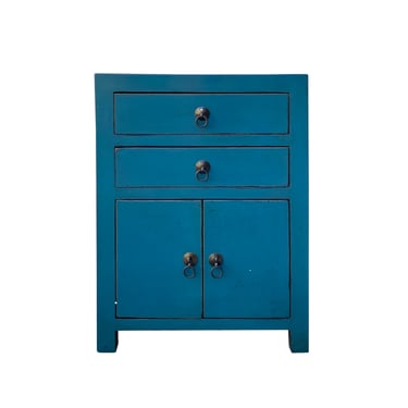Chinese Distressed Bold Bolection Blue 2 Drawers End Table Nightstand cs7424E 