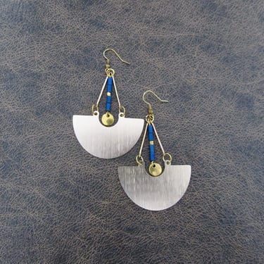 Large gold minimalist earrings, blue hematite, mid century modern Brutalist earrings, statement earrings, unique geometric earrings 