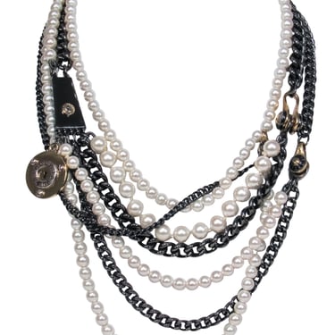Henri Bendel - Pewter Chain Layered Necklace w/ Faux Pearls & Lock Embellishment
