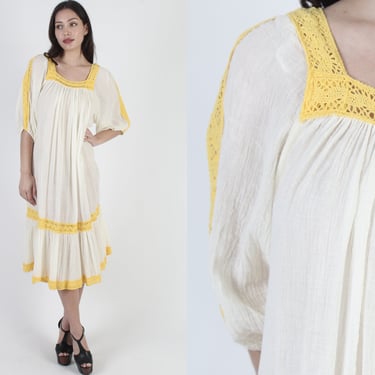 White Thin Gauze Mexican Dress / Sheer \ Cotton Crochet Beach Cover Up Dress / Vintage Mexican Inspired Midi Dress 