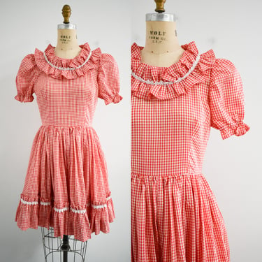 1970s/80s Red and White Gingham Square Dance Dress 