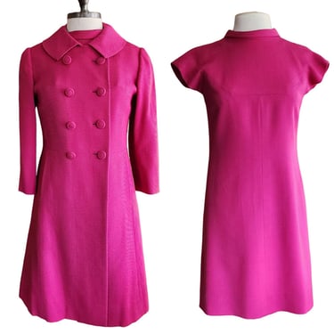 Vintage 60s Nina Ricci Paris Dress + Coat Set Hot Pink Fuschia M 