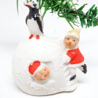 Vintage German Snow Babies & Penguin on Igloo, Tiny Antique Snowbabies, Antique Retro Germany Christmas Decor 