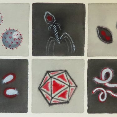 Black, White and Red Viruses- original watercolor painting of viruses - microbiology 